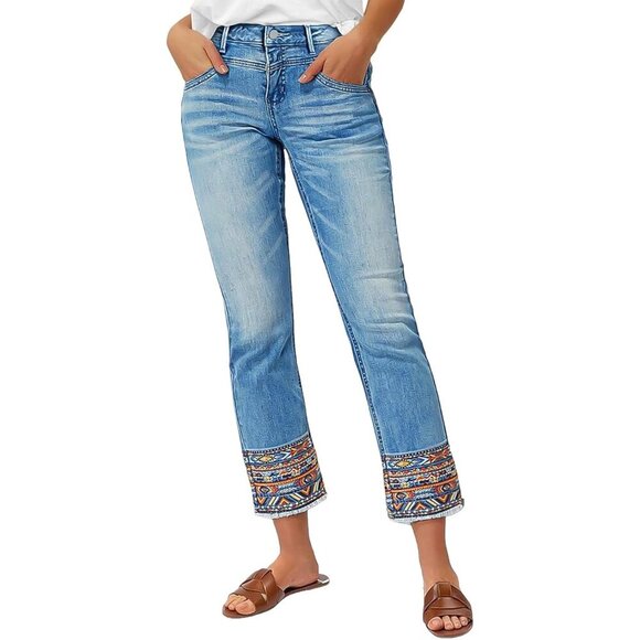 Denim - Women's Cropped Jeans Denim Mid Rise Stretch Tribal Embroidery Raw Hem